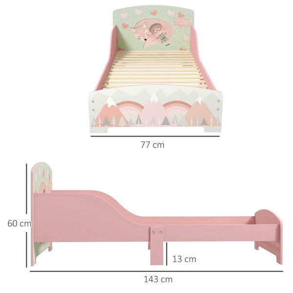 ZONEKIZ Letto per Bambini 3-6 Anni con Bordi Rialzati, Doghe e Fantasia con Animali, 140x70 cm, Rosa