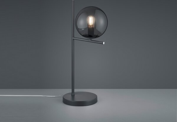 Lampada da comodino di design, antracite, con paralume sferico in vetro fumé, per la camera da letto