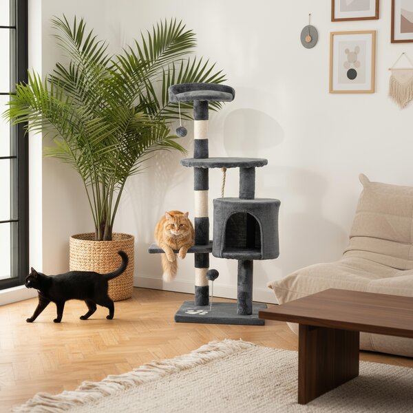 Belviona tiragraffi per gatti, tiragraffi compatto da 112 cm con palline da gioco, sisal e grotta di coccole, grigio scuro