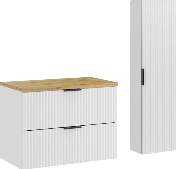 Set Di Mobili Da Bagno Bianco Opaco Scanalato Con Piano In Rovere Artisan