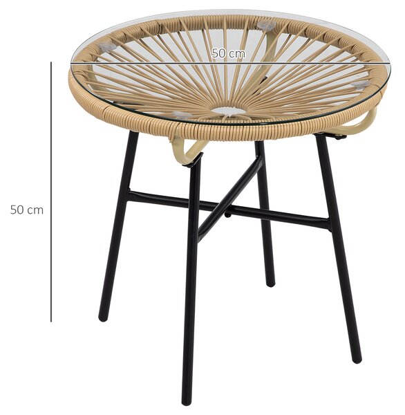 Outsunny Tavolino da Giardino Rattan PE e Vetro, Design Rotondo, Ideale per Balcone e Terrazza, Ø50x50cm - Beige|Aosom
