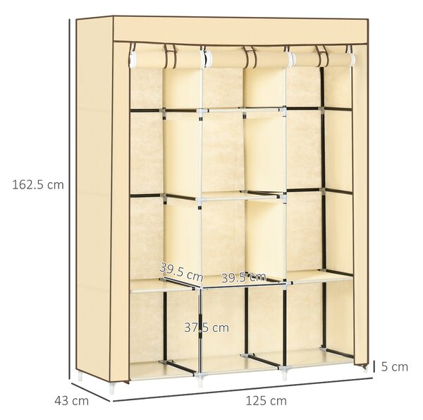 HOMCOM Armadio in Tessuto con 8 Ripiani e 2 Barre, Guardaroba Portatile con Porta Avvolgibile, 125x43x162.5cm, Beige|Aosom