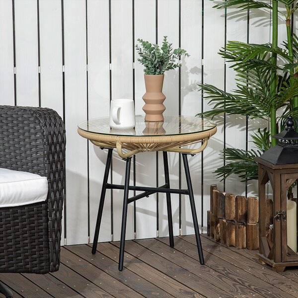 Outsunny Tavolino da Giardino Rattan PE e Vetro, Design Rotondo, Ideale per Balcone e Terrazza, Ø50x50cm - Beige|Aosom