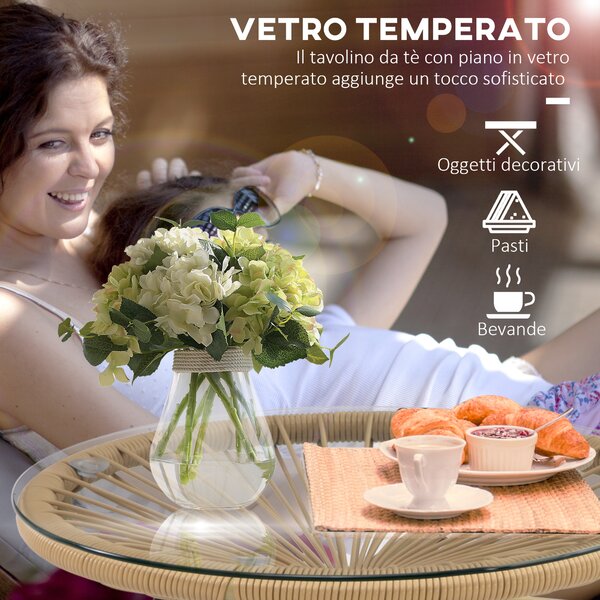 Outsunny Tavolino da Giardino Rattan PE e Vetro, Design Rotondo, Ideale per Balcone e Terrazza, Ø50x50cm - Beige|Aosom