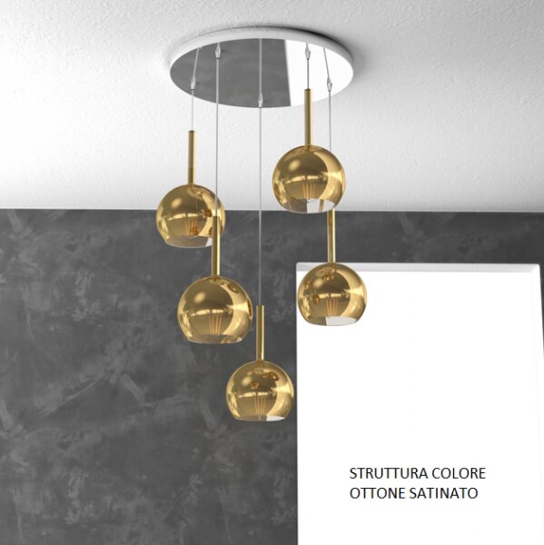 Sosp. ottone sat. tonda 5 luci vetri tutti piccolo oro 1155os-s5 tp-or