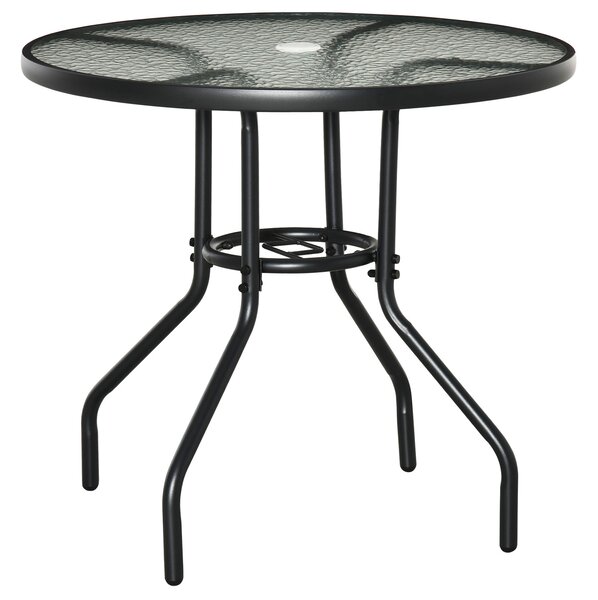 Tavolino da Giardino Ø80x72 cm Piano in Vetro con Foro in Metallo Nero