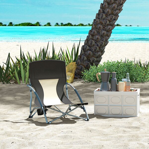 Sedia da Spiaggia Pieghevole 58x55x62 cm con Schienale a Rete e Portabicchieri in Metallo e Tessuto Oxford Nero