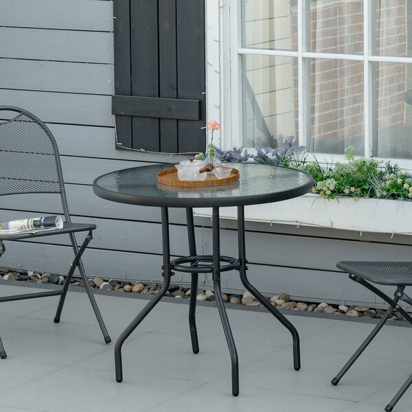 Tavolino da Giardino Ø80x72 cm Piano in Vetro con Foro in Metallo Nero