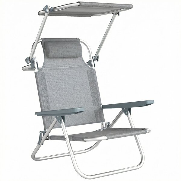 Sedia a Sdraio 62x68x79 cm Reclinabile a 6 Livelli con Tettuccio e Poggiatesta, in Alluminio e Rete Grigio