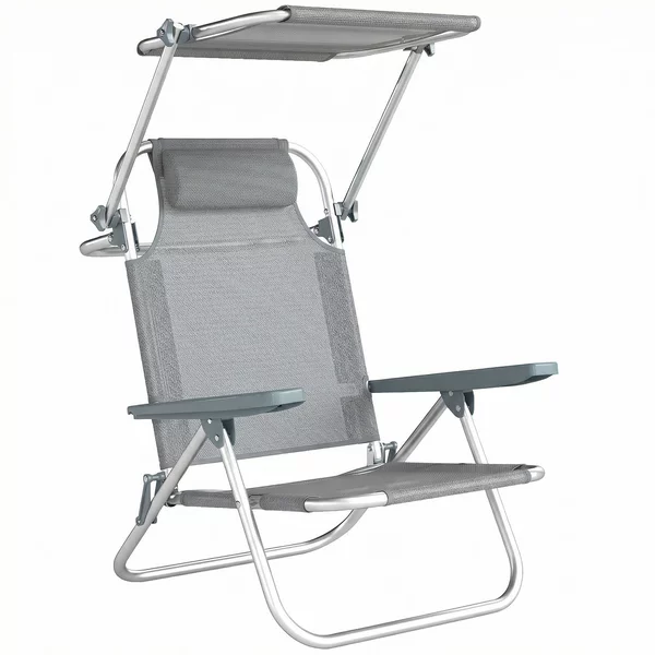 Sedia a Sdraio 62x68x79 cm Reclinabile a 6 Livelli con Tettuccio e Poggiatesta, in Alluminio e Rete Grigio