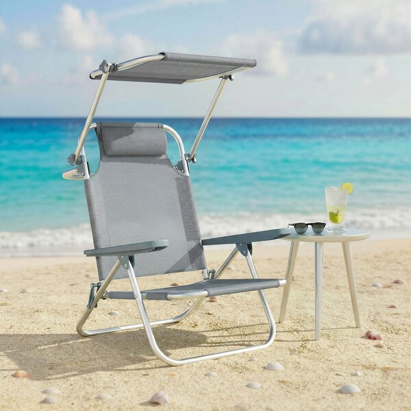 Sedia a Sdraio 62x68x79 cm Reclinabile a 6 Livelli con Tettuccio e Poggiatesta, in Alluminio e Rete Grigio