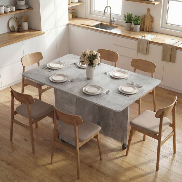 Tavolo da Pranzo Pieghevole 140x76x74 cm con Ruote con 2 Cassetti 2 Ante e Armadietto in Legno Grigio Cemento