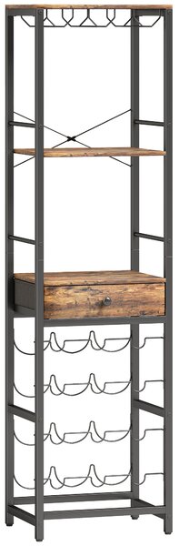 Mobile Bar Portabottiglie 40x30x148 cm Capacità 12 Bottiglie con Cassetto e Portabicchieri Struttura in Metallo Marrone Rustico