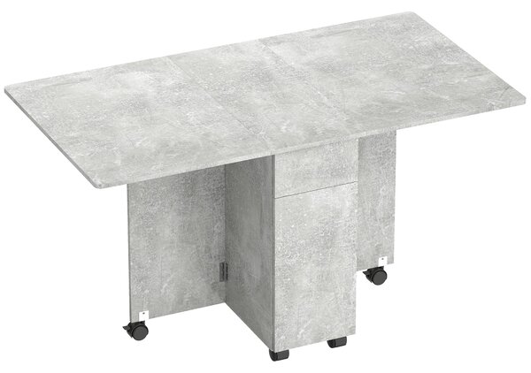 Tavolo da Pranzo Pieghevole 140x76x74 cm con Ruote con 2 Cassetti 2 Ante e Armadietto in Legno Grigio Cemento