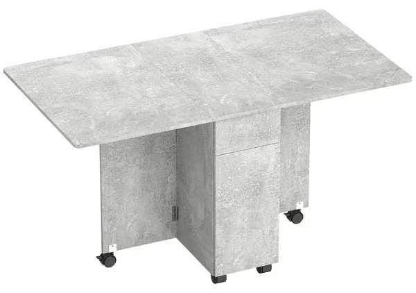 Tavolo da Pranzo Pieghevole 140x76x74 cm con Ruote con 2 Cassetti 2 Ante e Armadietto in Legno Grigio Cemento