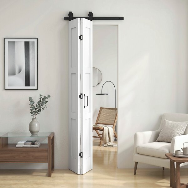 Porta Scorrevole a Soffietto 71,2x3,5x213,4 cm Stile Rustico Kit Montaggio con Maniglia in MDF Bianco Effetto Legno