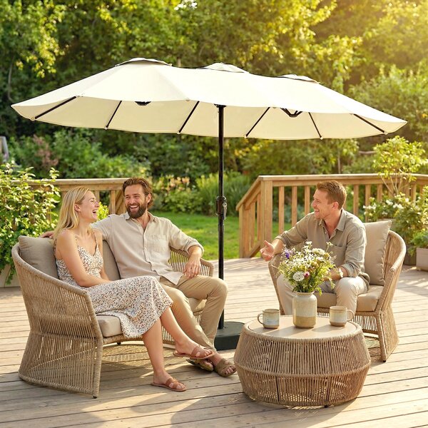 Ombrellone Doppio da Giardino a 12 Stecche con Manovella Base a Croce e Sacchi in Metallo e Poliestere Beige