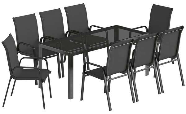 Set 9 Pezzi da Esterno con 8 Sedie Impilabili in Texteline e Tavolino da Caffè con Piano in Vetro Nero