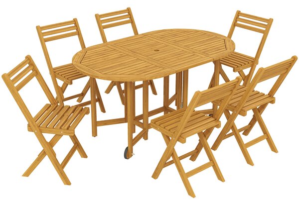 Set 7 Pezzi da Pranzo con Tavolo Estensibile a Ribalta 150x90x74 cm e 6 Sedie Pieghevoli in Legno Naturale