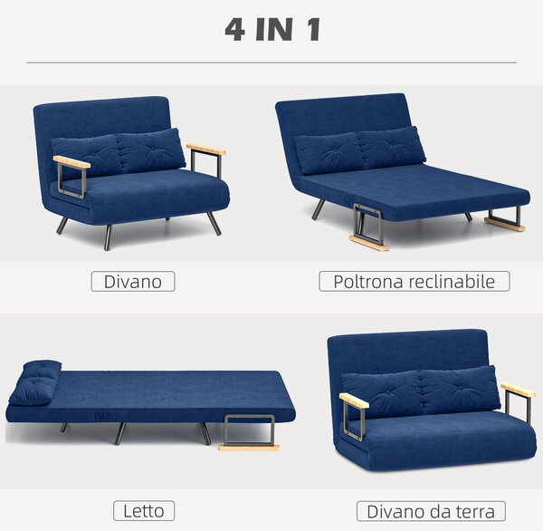 HOMCOM Divano Letto 3 in 1 in Tessuto Effetto Velluto con Schienale Regolabile e 2 Cuscini, 102x73x81 cm, Blu