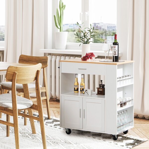 Costway Isola da cucina su ruote con portaspezie cassetto grande armadietto a 2 porte, Carrello da cucina rotante Bianco