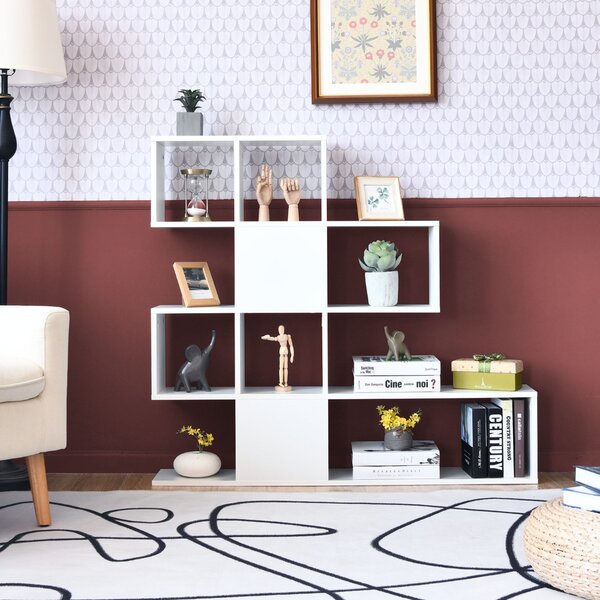 Costway Libreria a forma di scala a 5 livelli con ante, Scaffale decorativo in legno per il soggiorno e l’ufficio Bianco