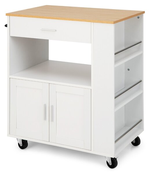 Costway Isola da cucina su ruote con portaspezie cassetto grande armadietto a 2 porte, Carrello da cucina rotante Bianco