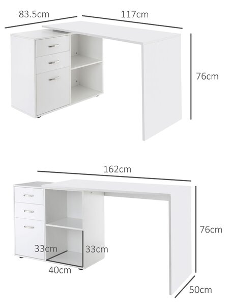 Homcom Scrivania ad Angolo con Cassettiera, Scrivania Angolare Bianca Montaggio Facile per Casa Ufficio Studio Bianco, 117x83.5x76cm|Aosom
