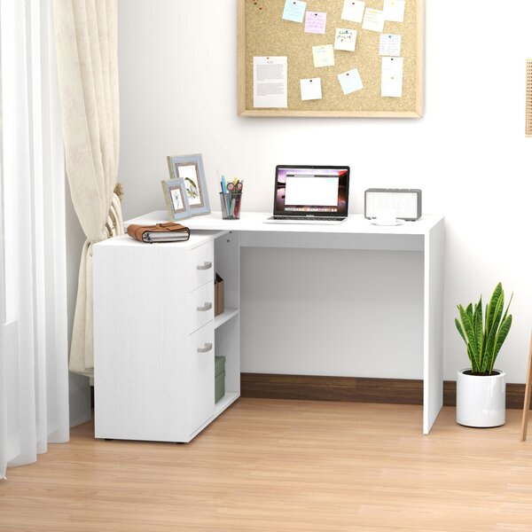 Homcom Scrivania ad Angolo con Cassettiera, Scrivania Angolare Bianca Montaggio Facile per Casa Ufficio Studio Bianco, 117x83.5x76cm|Aosom