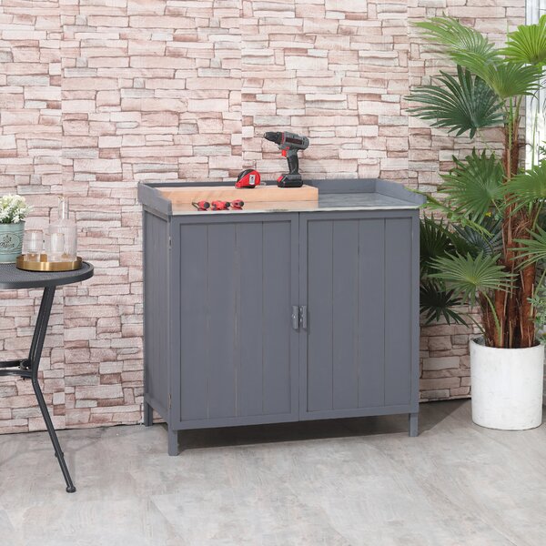 Outsunny Armadietto da Esterno in Legno con Piano in Metallo e 2 Ripiani Porta Attrezzi, 98x48x95.5 cm, Grigio|Aosom