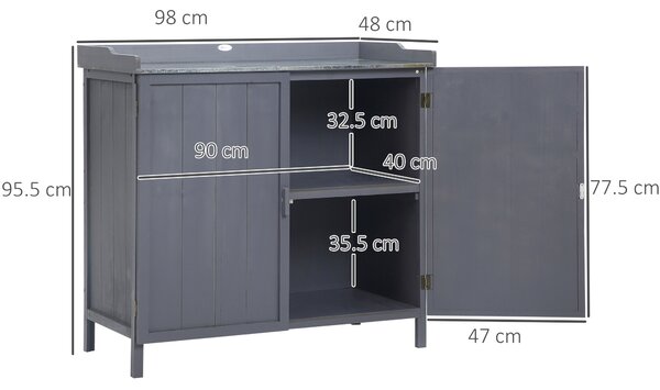 Outsunny Armadietto da Esterno in Legno con Piano in Metallo e 2 Ripiani Porta Attrezzi, 98x48x95.5 cm, Grigio|Aosom