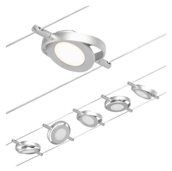 Paulmann Wire RoundMac sistema di illuminazione LED a funi, 5 luci, cromato, Alluminio / Grigio / Zincato, Corridoio, Metallo, Moderno, Sistema di illuminazione a funi