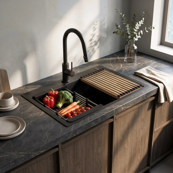 Lavello in acciaio con set di accessori 3 pz. REA Liam Black
