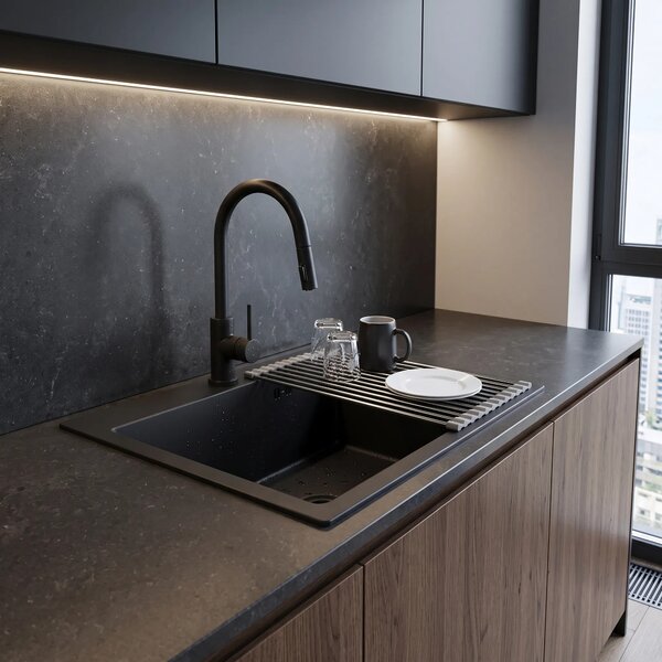 Lavello in acciaio con set di accessori 3 pz. REA Leo 50 Black