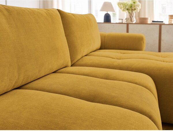 Divano angolare color senape allungabile e con contenitore (penisola a destra/chaise lounge) con rivestimento in ciniglia Fuji – Bobochic Paris