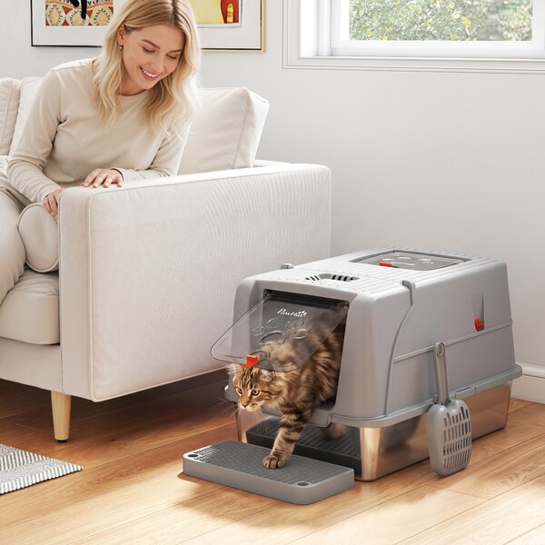 Lettiera Gatto Chiusa XL 61x41x38 cm con Coperchio Gradino Raccogli-lettiera e Paletta in Acciaio Inox e ABS Grigio Chiaro
