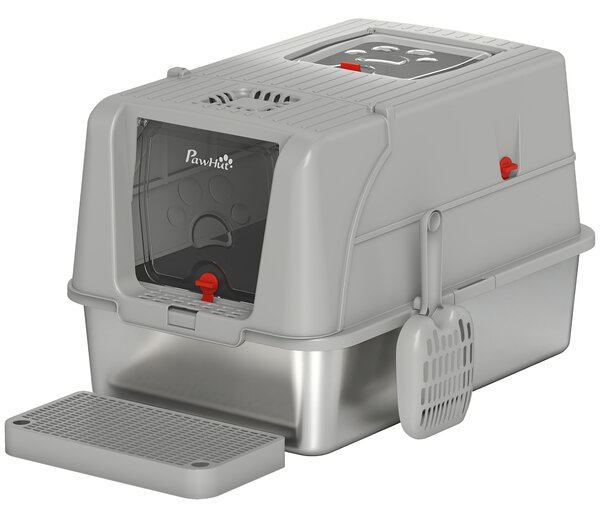 Lettiera Gatto Chiusa XL 61x41x38 cm con Coperchio Gradino Raccogli-lettiera e Paletta in Acciaio Inox e ABS Grigio Chiaro