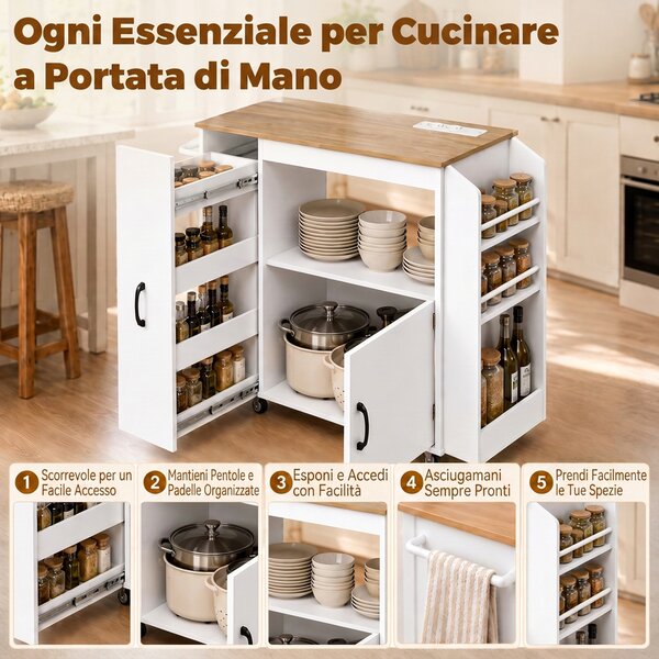 HOMCOM Carrello da Cucina con Presa di Corrente, Mobile con Ruote, Bianco | Aosom Italy