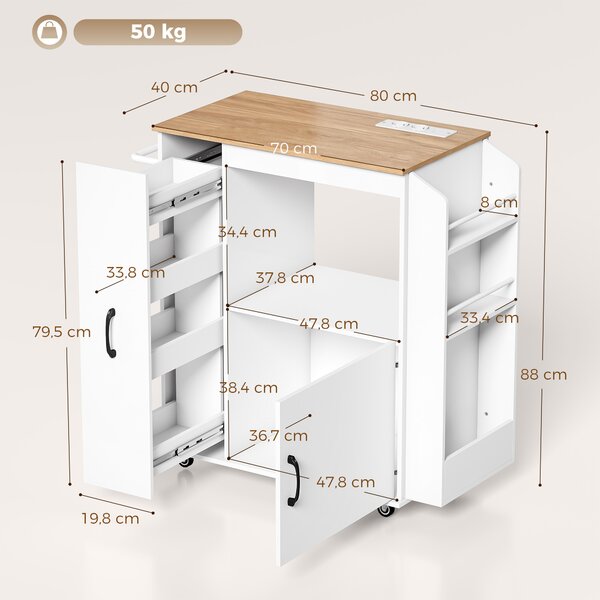 HOMCOM Carrello da Cucina con Presa di Corrente, Mobile con Ruote, Bianco | Aosom Italy