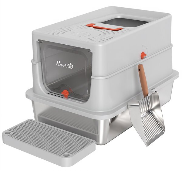 Lettiera Gatti Chiusa XL 90 L 60x40x40 cm con Coperchio Gradino Paletta e Bordi Alti in Acciaio Inox e ABS Grigio Chiaro