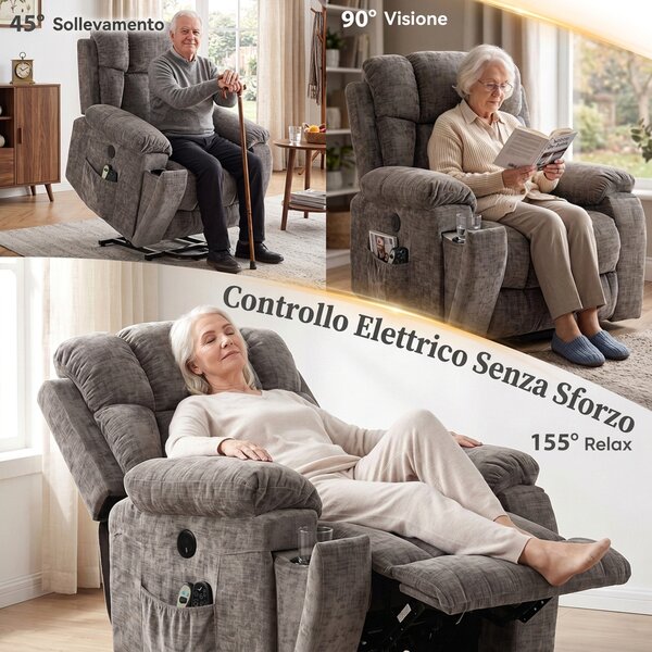 HOMCOM Poltrona Elettrica Alzapersona Reclinabile 155°, Massaggio 8 Punti, Riscaldata, in Ciniglia, Grigio Chiaro | Aosom Italy