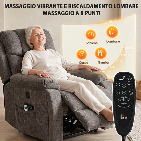 HOMCOM Poltrona Elettrica Alzapersona Reclinabile 155°, Massaggio 8 Punti, Riscaldata, in Ciniglia, Grigio Chiaro | Aosom Italy