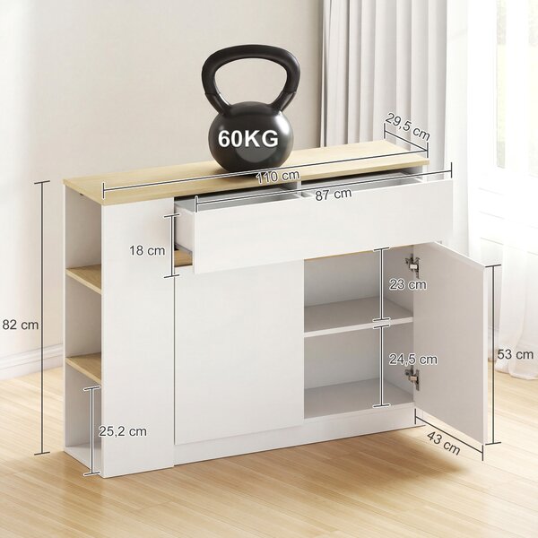 HOMCOM Credenza Cucina con 2 Ante, Ripiano Regolabile, 2 Cassetti, Mobile Cucina con 3 Scomparti Aperti, 110x29.5x82 cm, Bianco | Aosom Italy