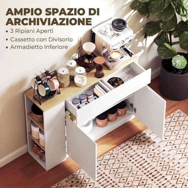 HOMCOM Credenza Cucina con 2 Ante, Ripiano Regolabile, 2 Cassetti, Mobile Cucina con 3 Scomparti Aperti, 110x29.5x82 cm, Bianco | Aosom Italy