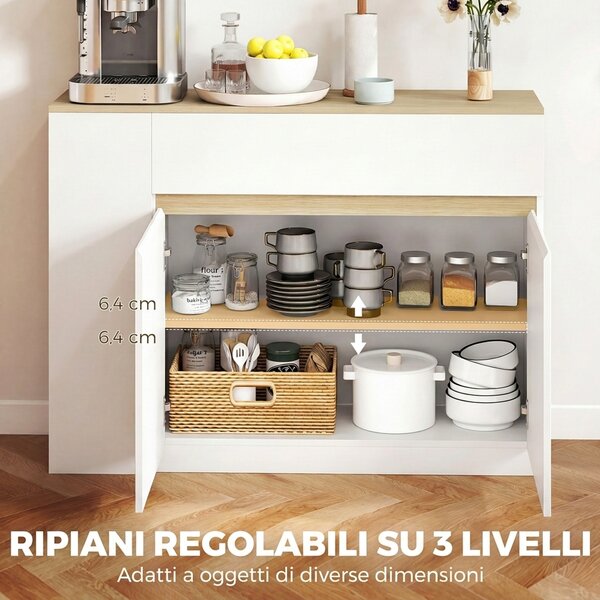 HOMCOM Credenza Cucina con 2 Ante, Ripiano Regolabile, 2 Cassetti, Mobile Cucina con 3 Scomparti Aperti, 110x29.5x82 cm, Bianco | Aosom Italy