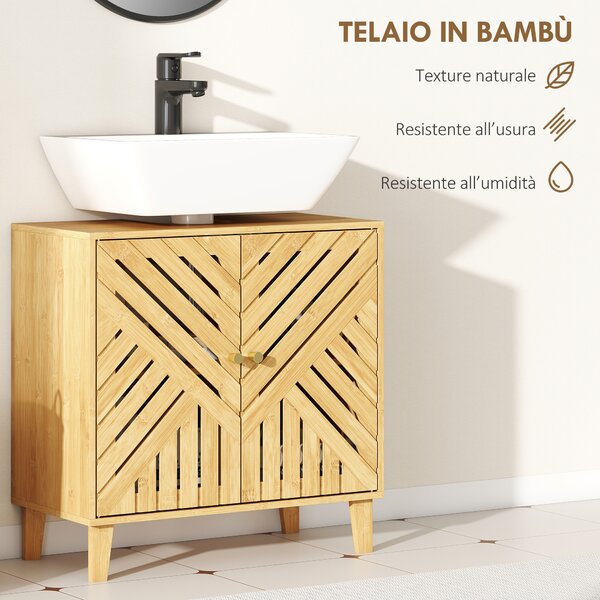 HOMCOM Mobile Sottolavabo per Bagno con 2 Ante a Doghe, Ripiano Regolabile, Gambe in Bambù, per Lavabi senza Colonna, 60x30x60 cm, Naturale | Aosom Italy