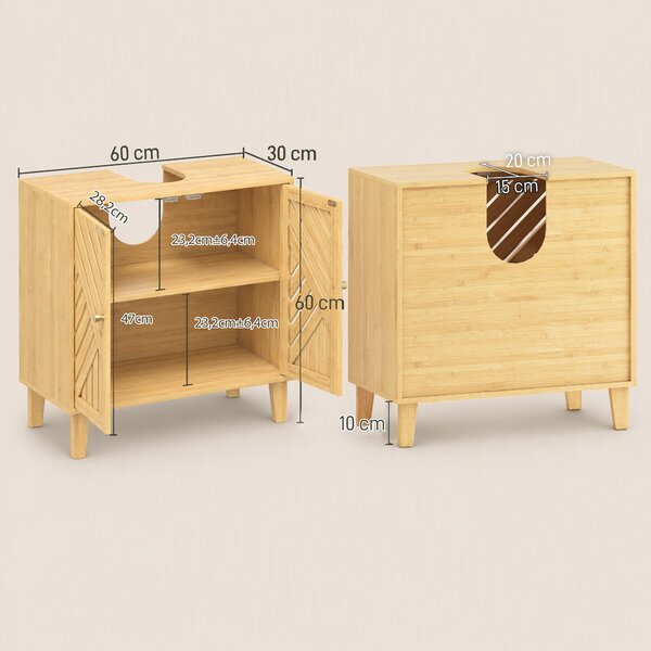 HOMCOM Mobile Sottolavabo per Bagno con 2 Ante a Doghe, Ripiano Regolabile, Gambe in Bambù, per Lavabi senza Colonna, 60x30x60 cm, Naturale | Aosom Italy