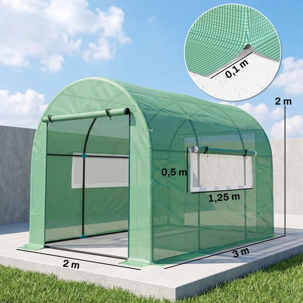 Outsunny Serra a Tunnel per Orto 3x2x2 m in Acciaio e PE Anti UV con Porte Avvolgibili e Finestre, Verde | Aosom Italy