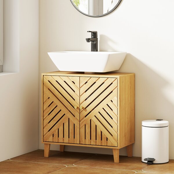 HOMCOM Mobile Sottolavabo per Bagno con 2 Ante a Doghe, Ripiano Regolabile, Gambe in Bambù, per Lavabi senza Colonna, 60x30x60 cm, Naturale | Aosom Italy