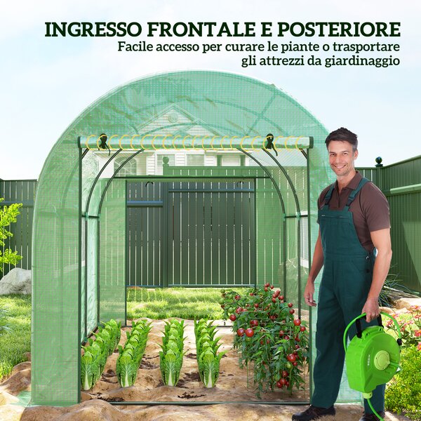 Outsunny Serra a Tunnel per Orto 3x2x2 m in Acciaio e PE Anti UV con Porte Avvolgibili e Finestre, Verde | Aosom Italy